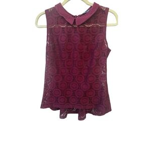 Atmosphere Burgundy Lace Sleeveless Peplum Top‎ with Collar Women's